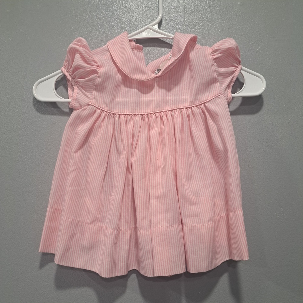 VTG Lord & Taylor Pink Seersucker Stripe Baby Dress Ruffle Sleeve Castro & Co 2T